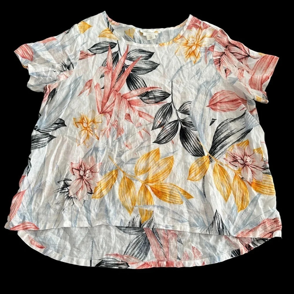 C&C California Women’s 1X 100% Linen Tropical Floral Short Sleeve Blouse Top